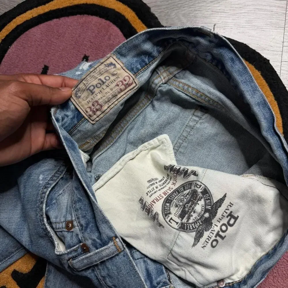 Polo Ralph Lauren Varick Slim Straight Distressed Denim Jeans 33x32 Blue